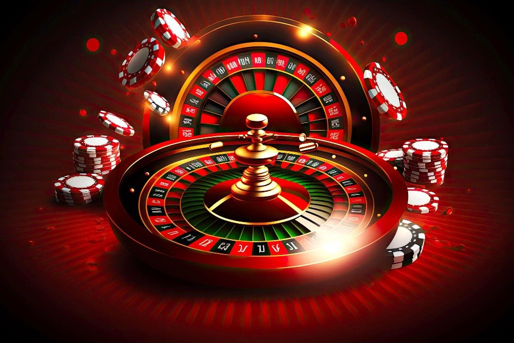 red-table-playing-roulette-chips-casino-elements-background-generative-ai